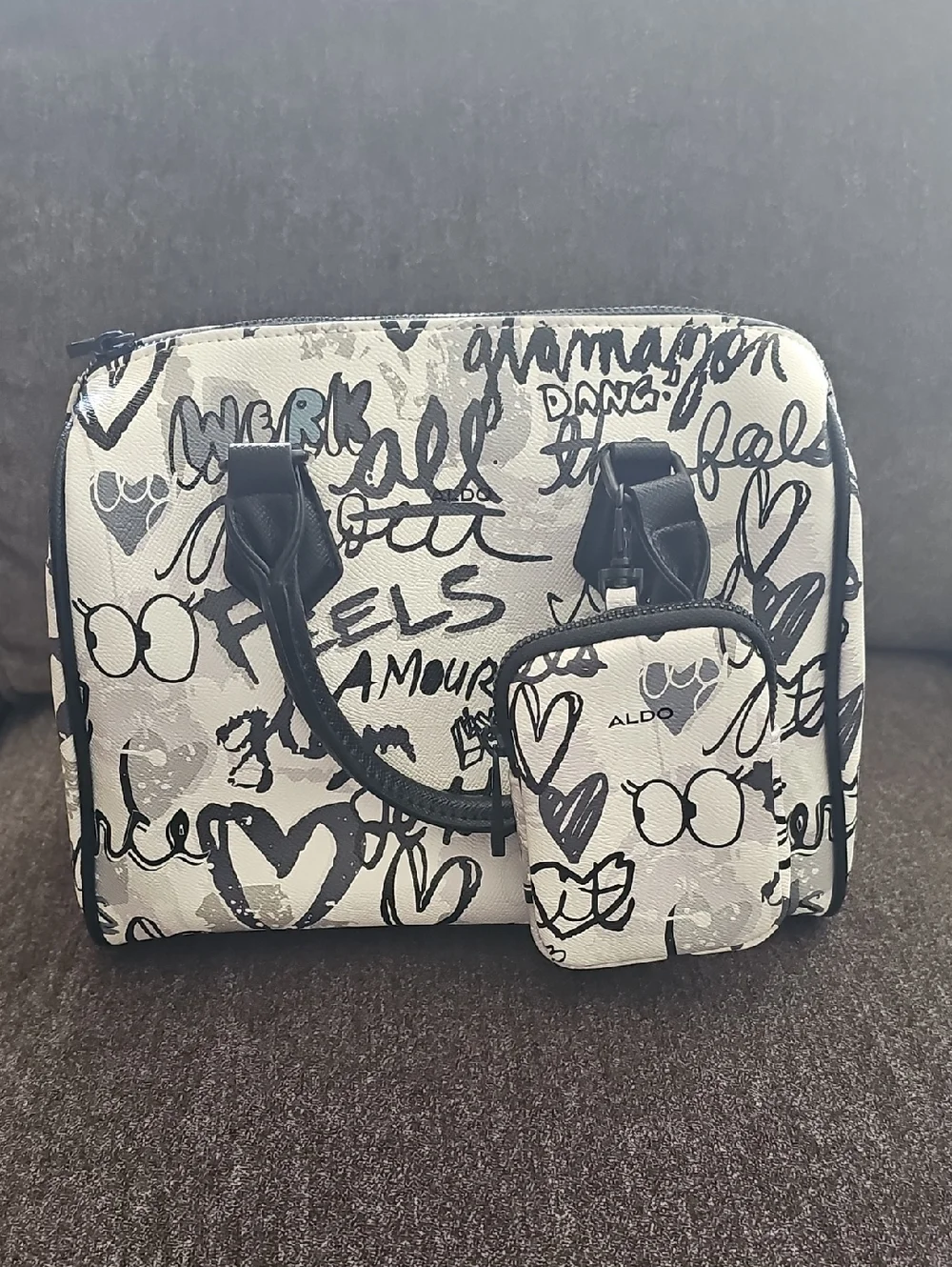 Aldo White and Black Graffiti Print Satchel with Coin Pouch - Picture 1 of 6